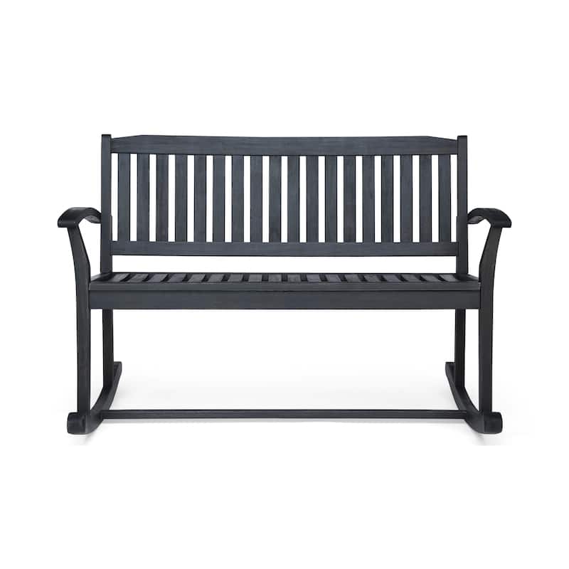 Roomfitters Outdoor Wooden Rocking Loveseat with Slatted Backrest, Wide Armrests and Classic Curved Base
