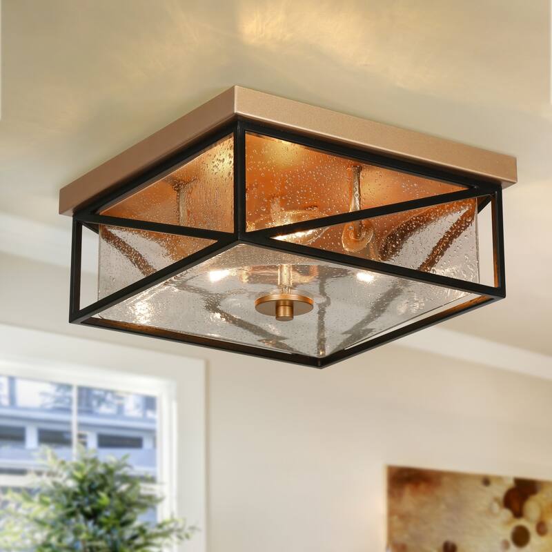 Modern 3-Light Square Black Gold Flush Mount Glass Ceiling Light for Foyer