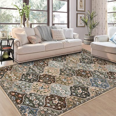 Vintage Trellis Area Rug Traditional Floral Washable Rugs for Living Room Bedroom Low Pile Non-Slip Floor Carpet