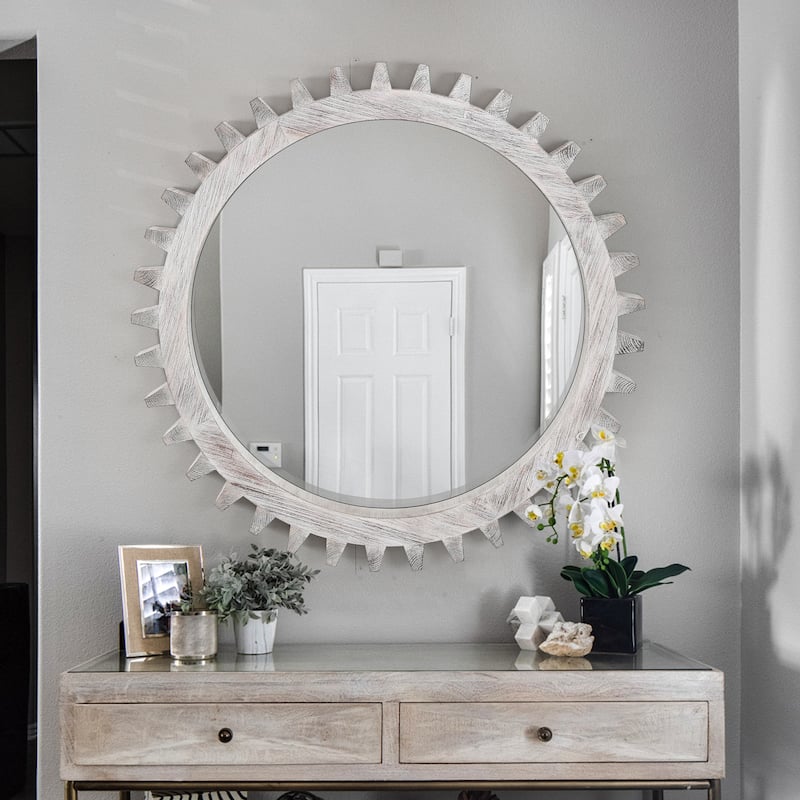 Vintage 34"x34"Wood Round Hanging Gear Shape Heavy Decorative Mirror For Bathroom Living Room Entryway Or Put Together - White Washed