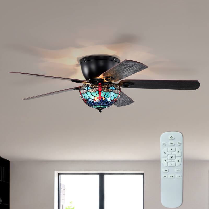 Pluvey 52-Inch Flushmount Lighted Ceiling Fan Blue Red Draginfly Tiffany Glass Lamp Black Finish - Blue-Red
