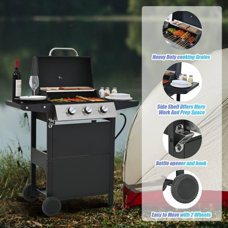 Propane Gas Grill Stainless Steel 3 Burner Barbecue Grill with 2 Shelves Lid, Wheels and Bottle Opener, for Patio Garden
