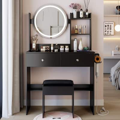 Vanity Desk with Adjustable LED Lighted Mirror, Makeup Vanity Table Set, Dresser Table with Power Outlet, Shelves & Drawers