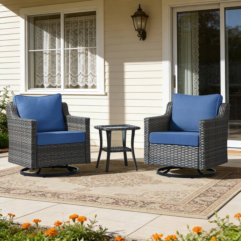 Meyreso 3-Piece Gray Wicker Outdoor Swivel Glider Chair Set with Side Table - Navy Blue - Gray