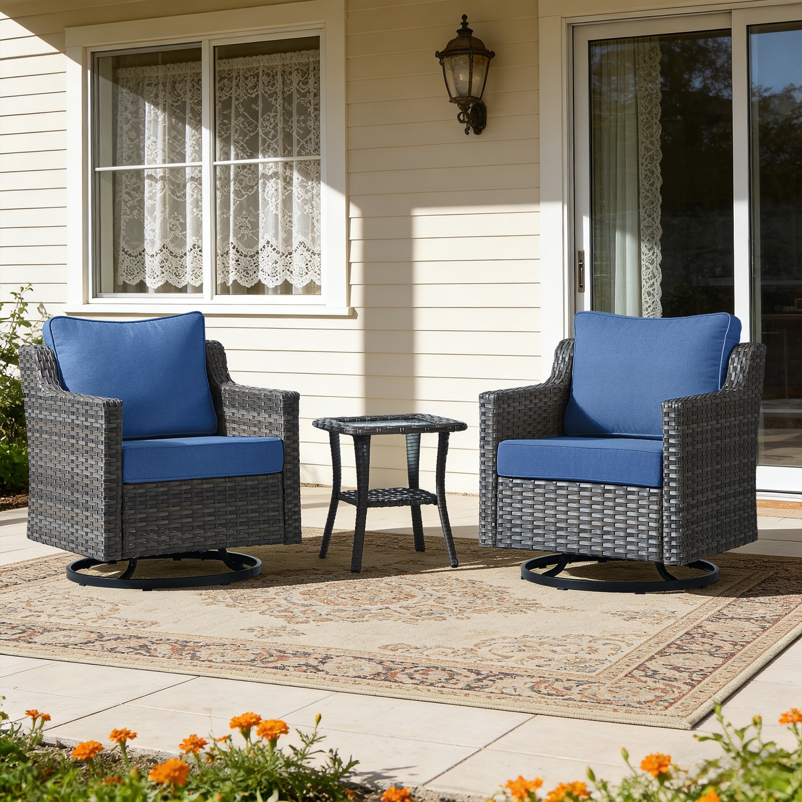 Meyreso 3-Piece Gray Wicker Outdoor Swivel Glider Chair Set with Side Table