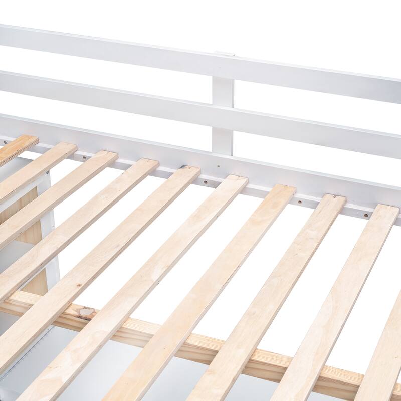 Wood Twin/Full Size Loft Bed with Built-in Desk and Shelves, Twin/Full Bedframe w/Full-Length Guardrails, for Kids Teens Adult