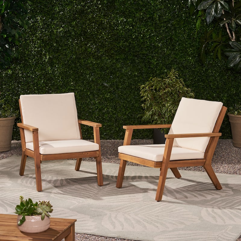 Temecula Outdoor Acacia Wood Club Chairs with Cushions (Set of 2) by Christopher Knight Home - Brown Patina Finish + Cream Cushion