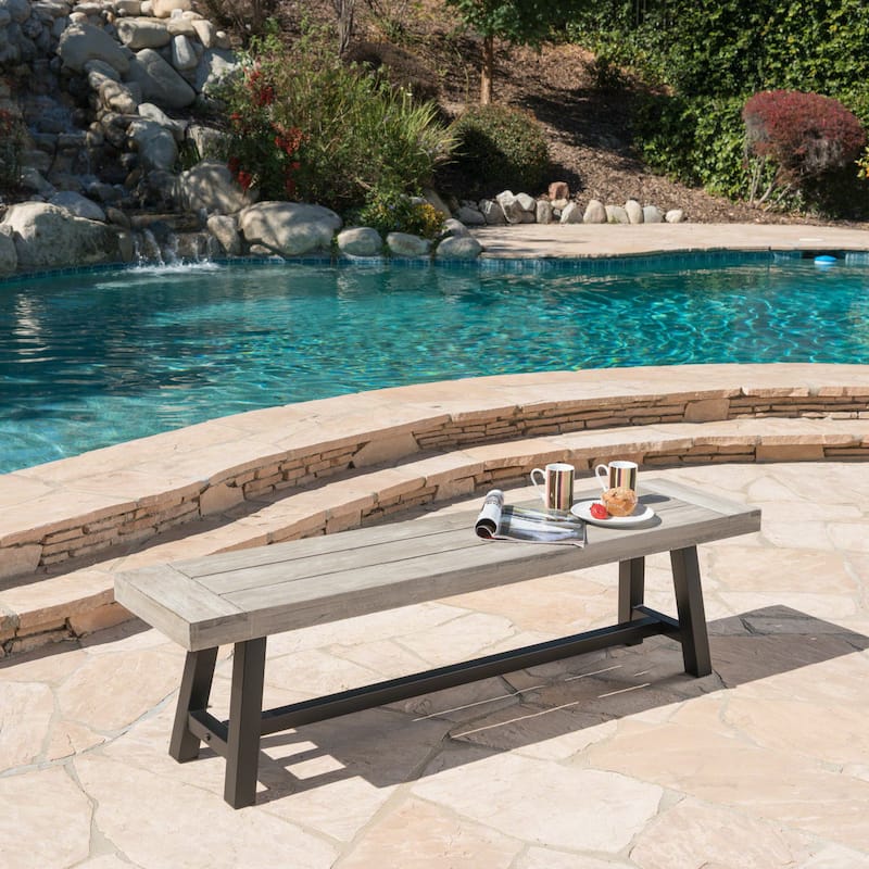 Roomfitters Modern Outdoor Benches with Sandblasted Brown Wood Top and Rustic Metal Legs, Stylish for Garden, Set of 2