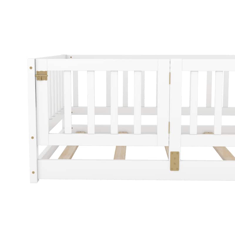 Twin Size Montessori Floor Bed with Safety Fence & Door - Pine Wood Frame