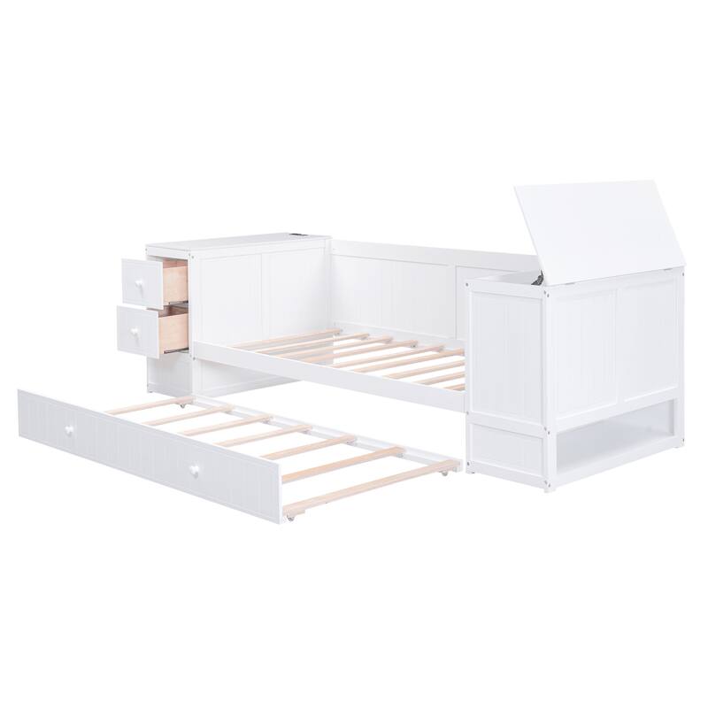 Twin Size Daybed with Storage, Trundle, and Charging Station in White