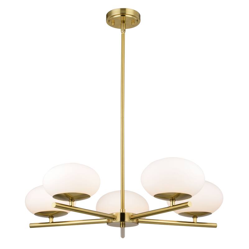 Sloane 5 Light LED Gold Satin Brass Mid-Century Modern Chandelier with White Glass Globes - 27-in W x 7-in H x 27-in D
