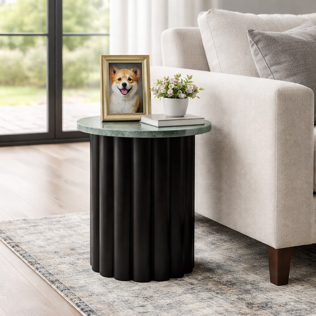 Wood Large Ribbed End Table Marble Top - Black, 20" - 20.0"