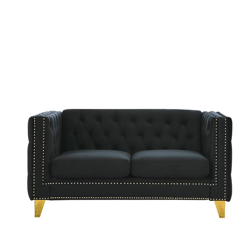 Modern 2-Seat Velvet Sofa with Nailhead Trim, Button Tufting, and Metal Legs