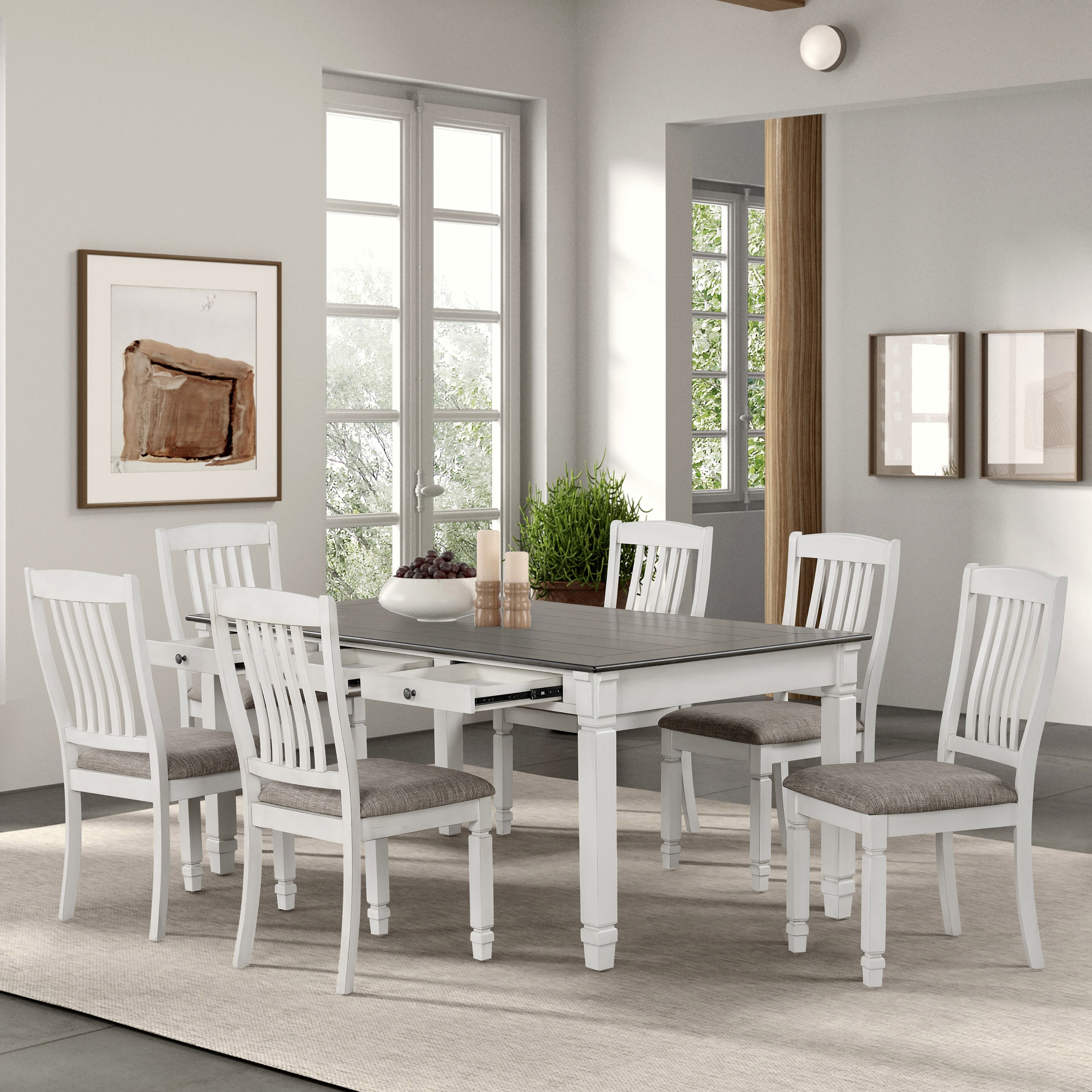 Furniture of America Badvard Farmhouse 7-Piece Rustic White Wood Dining Table Set with Drawers