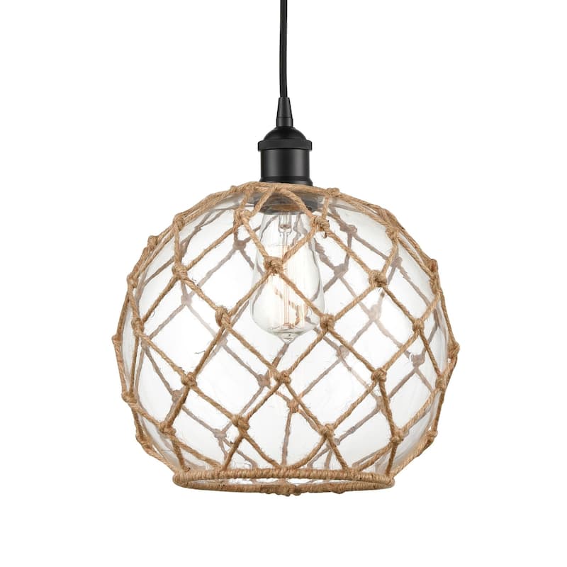 Innovations Lighting 616-1P-13-10 Farmhouse Pendant Farmhouse 10" Wide - Matte Black / Clear Glass with Brown Rope