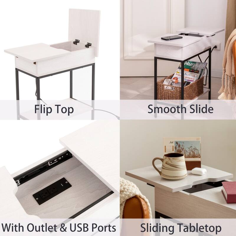 Flip Top Narrow End Table with Storage and Built-In Outlets, Small Side Table