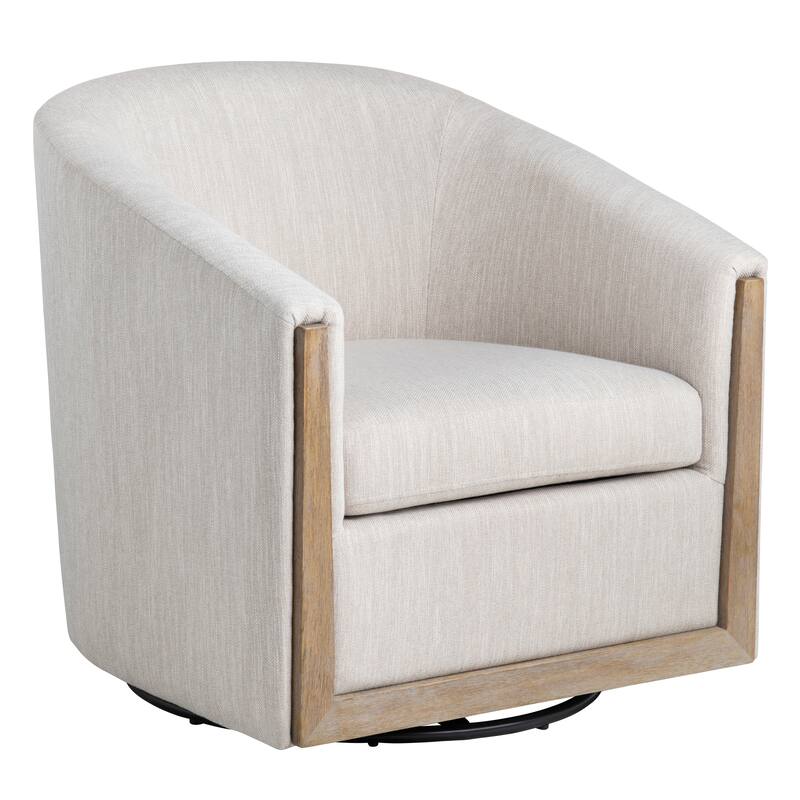 Beige Swivel Accent Arm Chair with Brown Solid Wood Frame