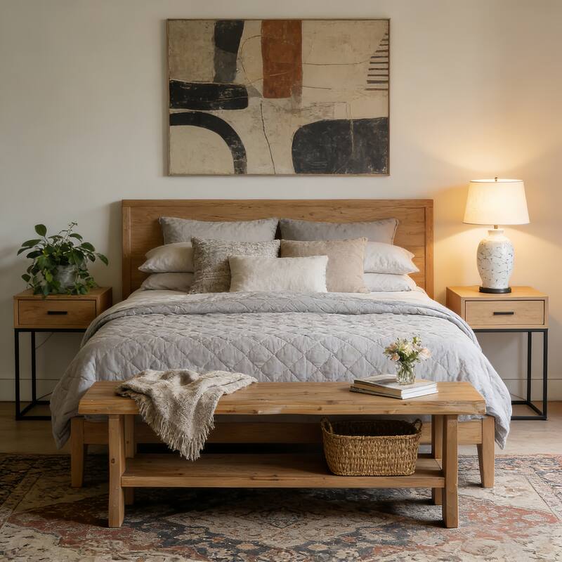 55" Solid Wood Farmhouse Bench with Storage Shelf - Brown