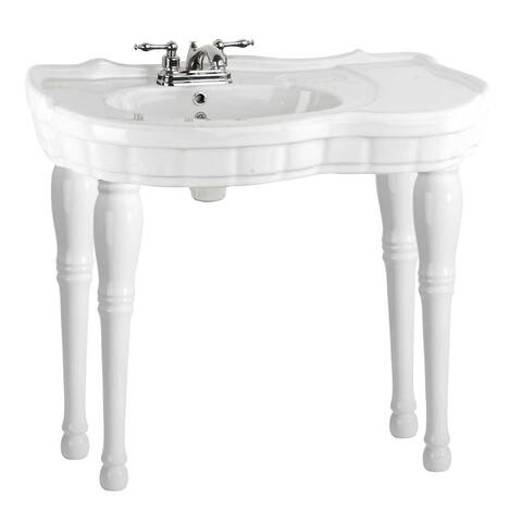 Belle Wall Mount Console Sink White 35.5 W 4 Spindle Pedestal Legs With Backsplash, Overflow Renovators Supply