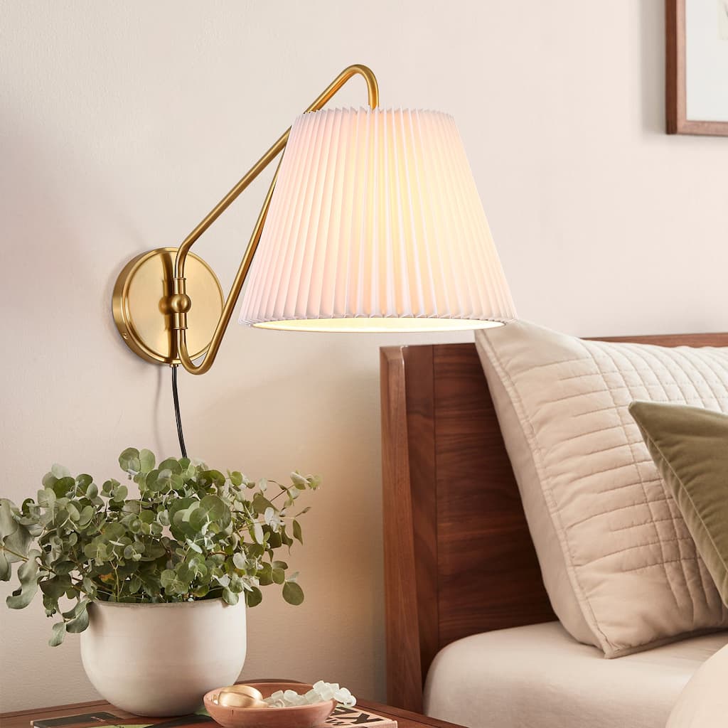 1-Light Mid-Century Modern Pleated Fabric Shade Gold Iron Plug-In Wall Sconce for Bedroom - 12 in. W x 24.2 in. D x 12.9 in. H