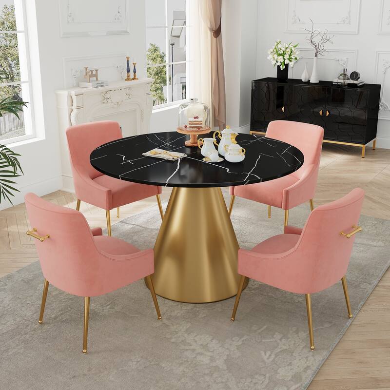 48" Marble Top Metal Dining Table with Velvet Dining Chair Set