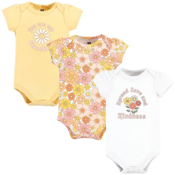 slide 1 of 1, Hudson Baby Infant Girl Cotton Bodysuits, Peace Love Flowers 0-3 Months - Peace Love Flowers 3 Pack