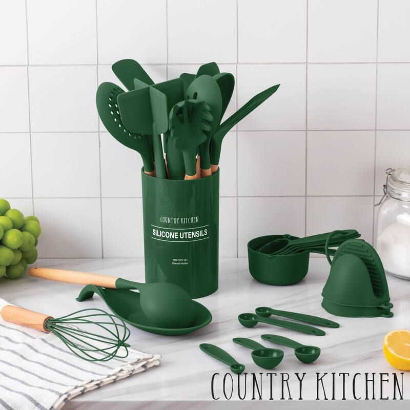 Country Kitchen Non Stick Silicone Utensil Set with Rounded Wood Handles for Cooking and Baking, 38 Piece Set