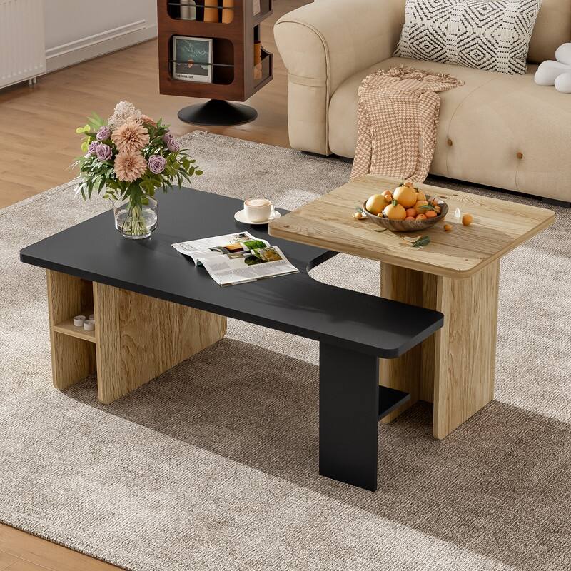 Set of 2 Modern Farmhouse Nesting Coffee Tables, Wood Finish Rectangle Living Room & Sofa Side Tables - Black