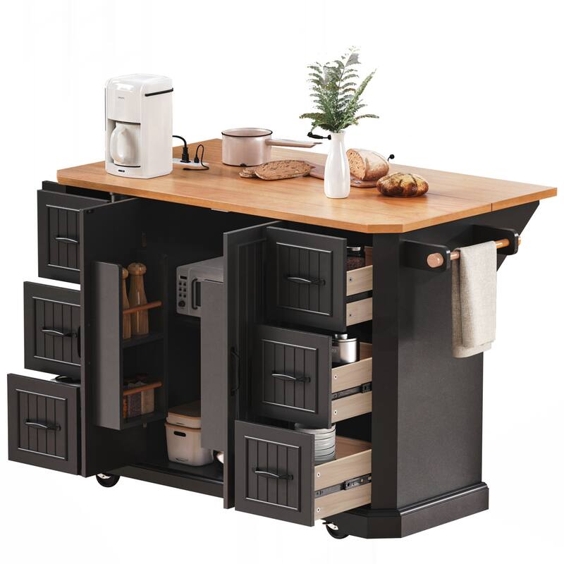 Kitchen Island with Rubber Wood Veneer Drop Leaf, Power Outlet, 4 Door Shelves