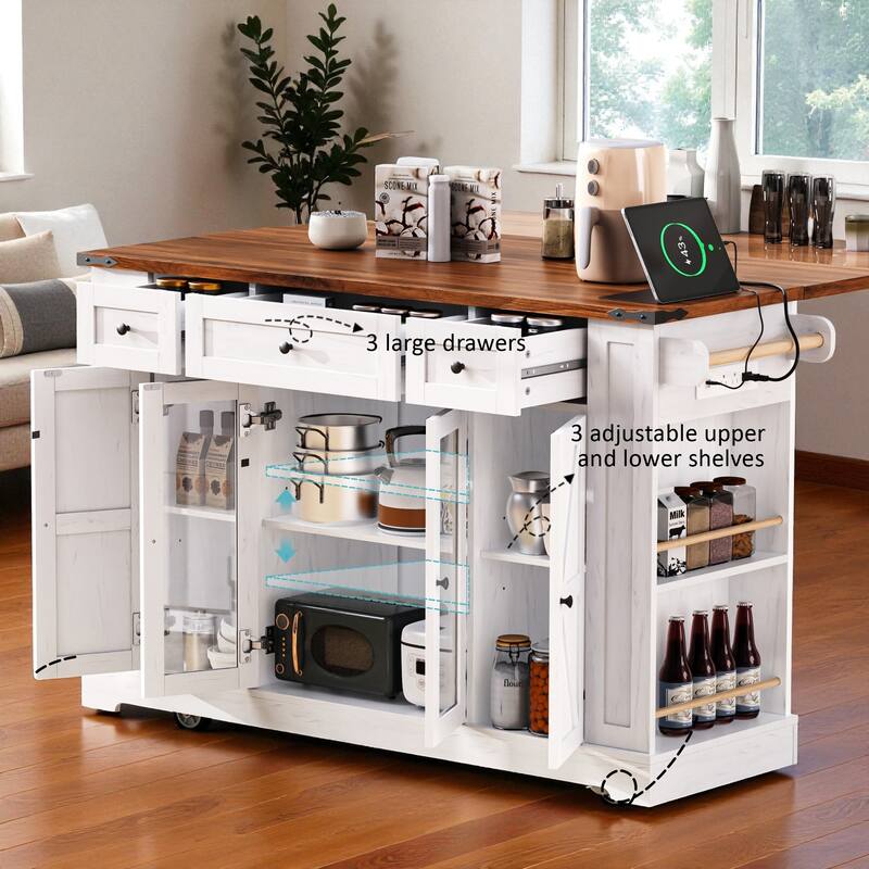 53" Farmhouse Kitchen Island with Drop Leaf & Power Outlet, Rolling Kitchen Cart with Glass Doors, 5 Side Racks & 3 Drawers