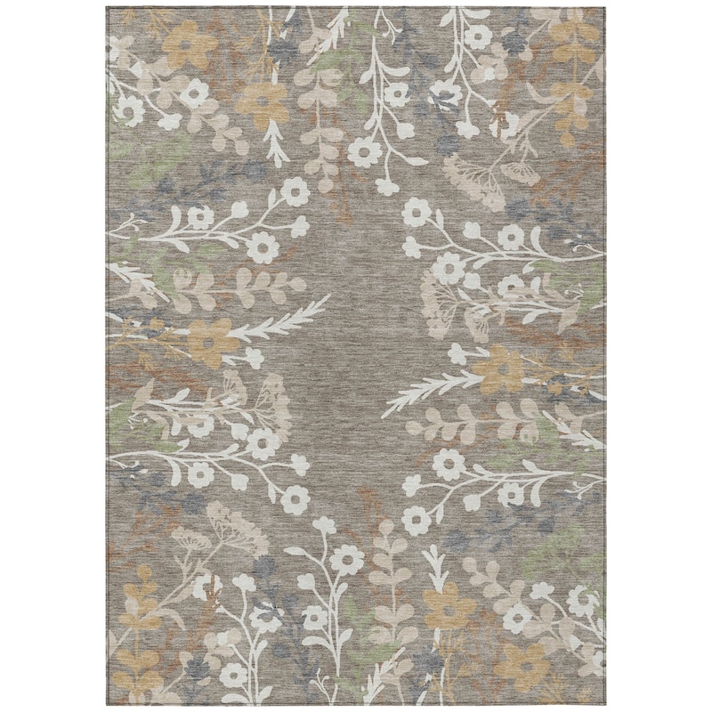Machine Washable Indoor/ Outdoor Floral Border Chantille Rug