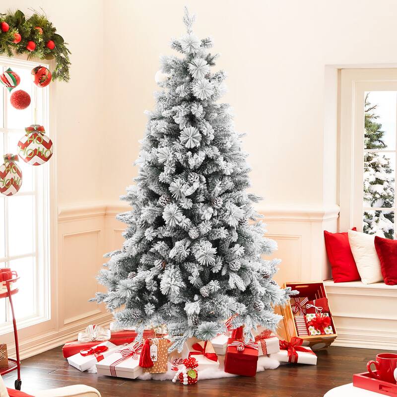 6Ft Artificial Flocked Full Pine Christmas Tree with Pine Cones - 70.87" H x 45.28" Diameter