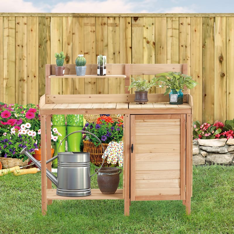 Anmytek Wooden Potting Bench Table with Sink and Storage Shelves Outdoor Garden Workstation for Patio - 42*17*43.5