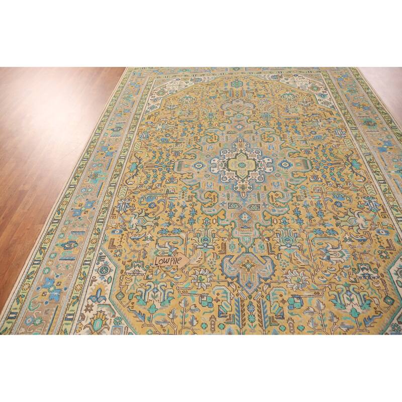 Hand Knotted Oriental 100% Wool Carpet Traditional Medallion Yellow & Gold Tabriz Area Rug - 11' 5'' X 8' 1''