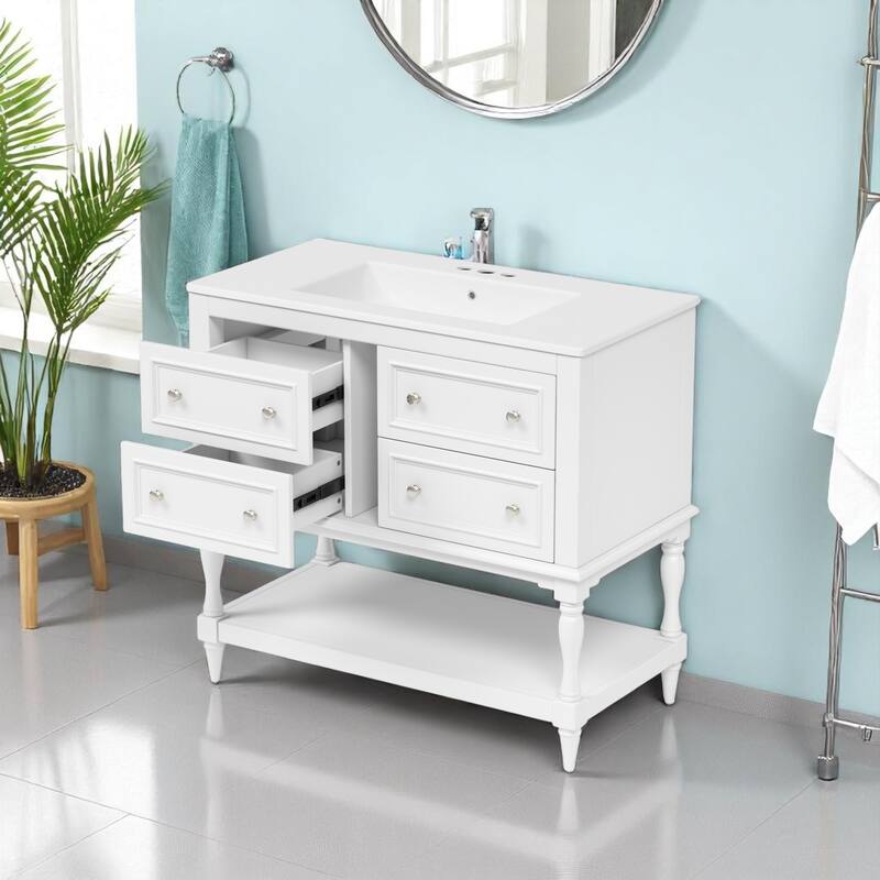 36"" Bathroom Vanity with Ceramic Sink and Medicine Cabinet, 4 Drawers, Storage Shelf, Solid Wood Frame,Bathroom Cabinet Set