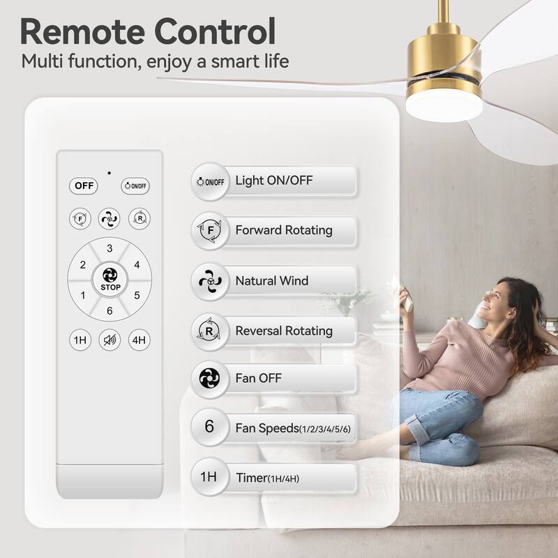 52 Inch LED Ceiling Fan with Lights Remote(3-Blade)