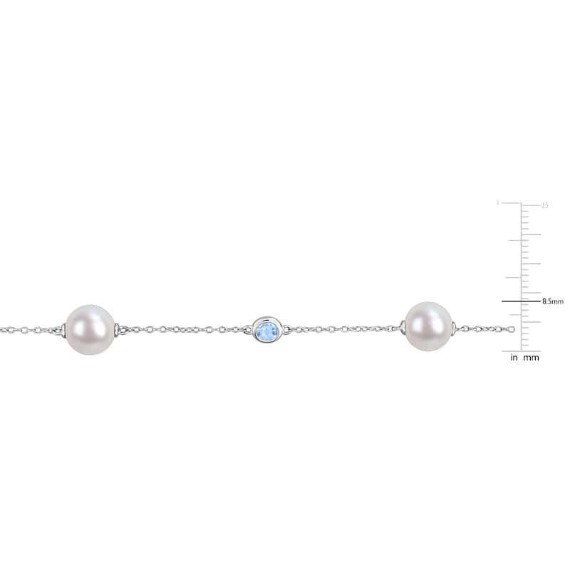 Miadora Cultured Freshwater Pearl and 7/8 CT TGW Sky-Blue Topaz Gemstone Station Bracelet in Sterling Silver
