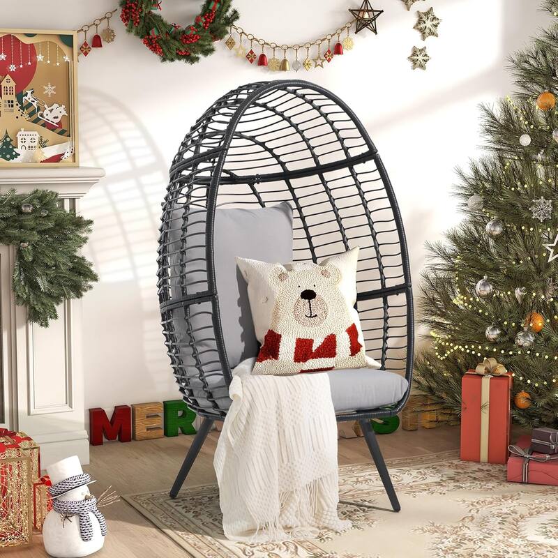 Egg Chair Outdoor, Patio Rotating Basket Chair, All-Weather Wicker Egg Lounger Chair for Outside Indoor