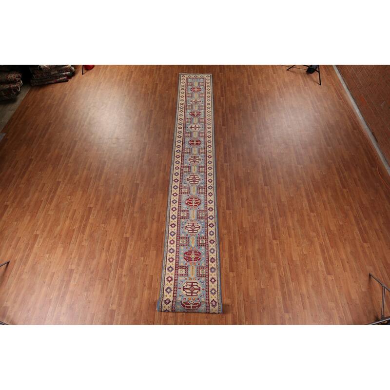 Blue Kazak Oriental Runner Rug Handmade Wool Carpet - 2'7" x 20'6"