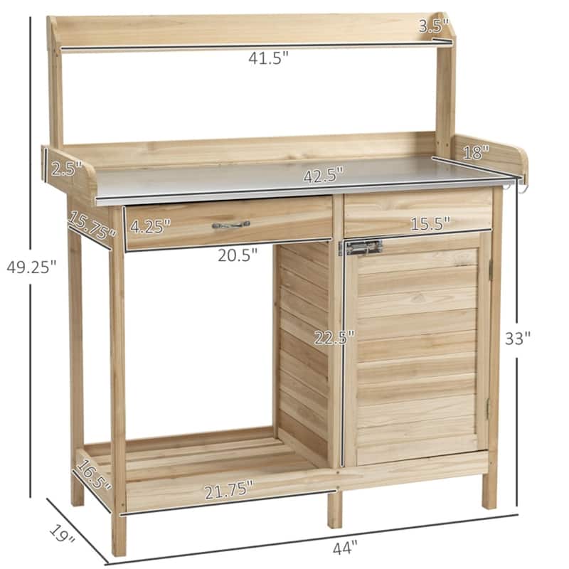 Outdoor Garden Bench with Galvanized Steel Top, Shelves & Hooks - 44" L x 19" W x 49.25" H