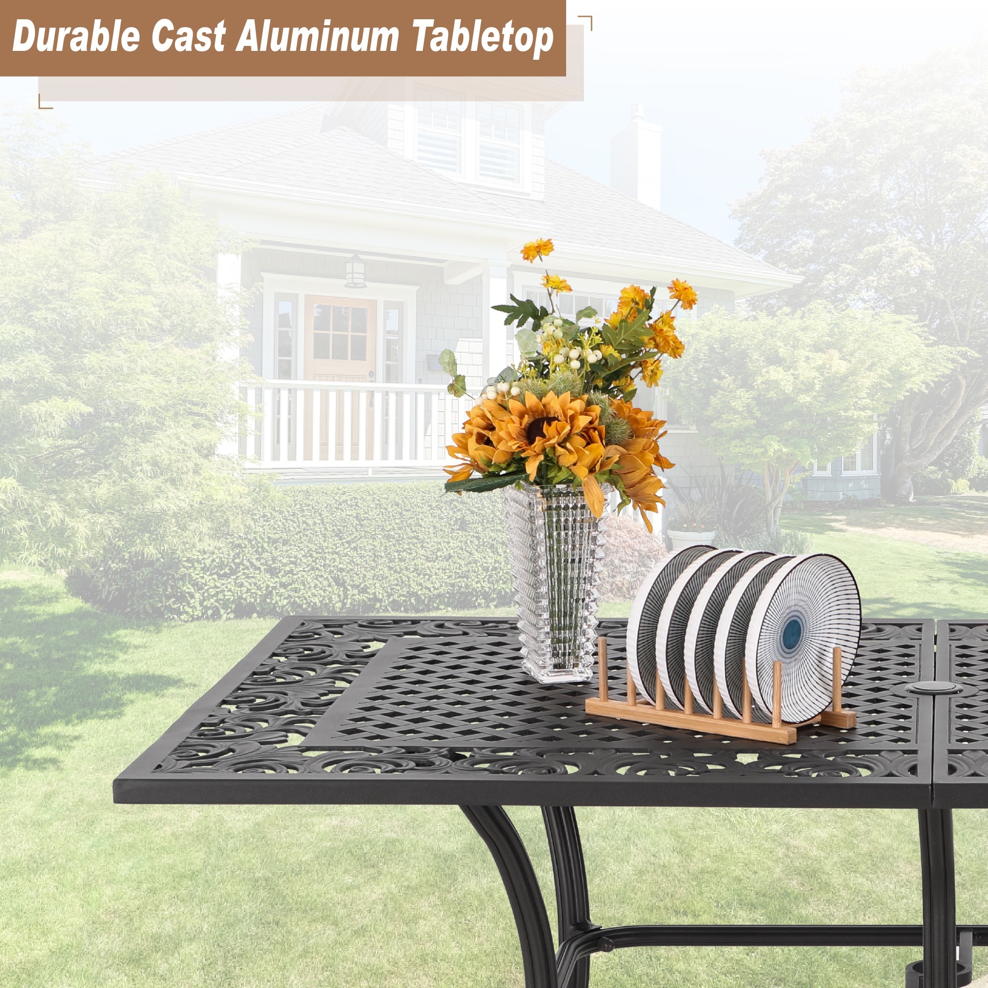 30in x 30in anodized aluminum patio table with umbrella hole 30" Dining CT005BP | black, aluminum, weather resistant, umbrella-hole Inspired by precious moments spent together 30" Black Rounded Aluminum Folding