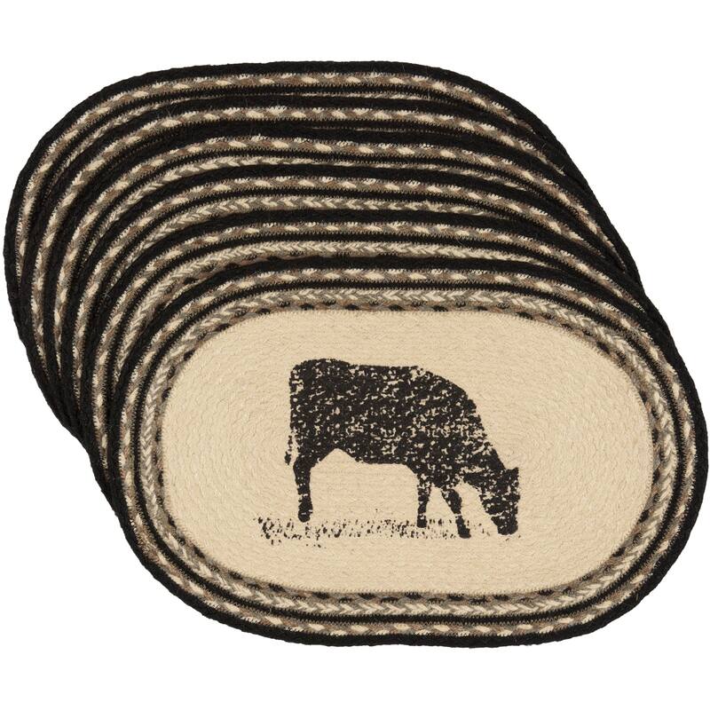 Sawyer Mill Charcoal Cow Jute Placemat Set of 6 12x18 - Placemat 12x18