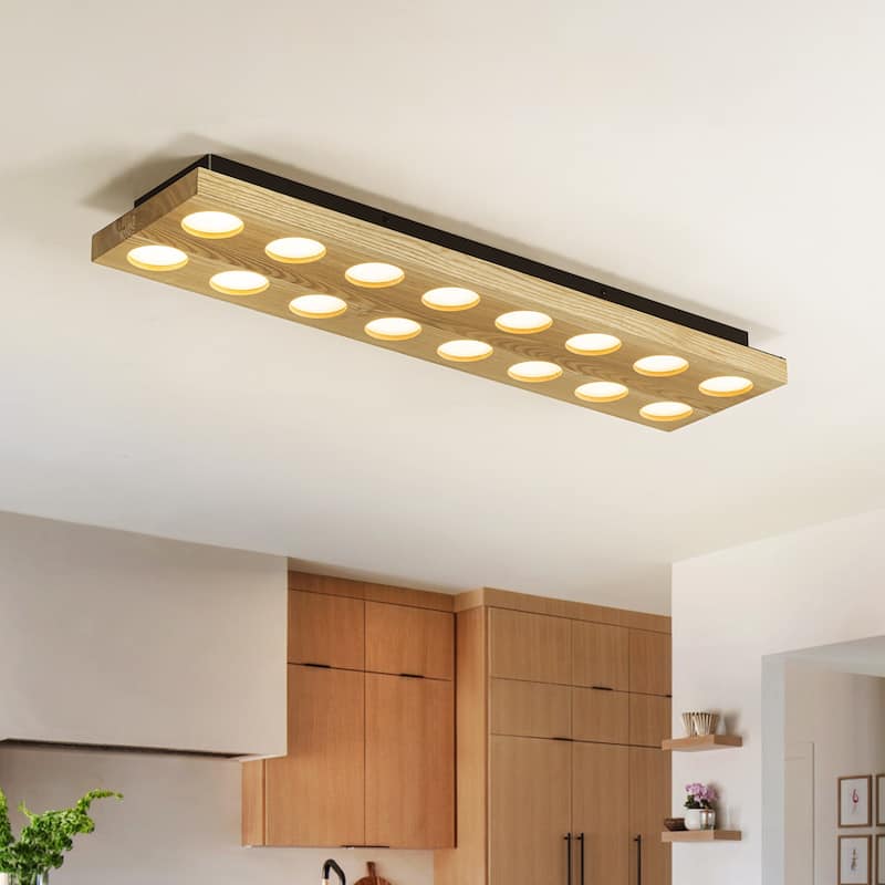 31.5" 16-Light Modern Minimalist Rectangle Wood Integrated LED Flush Mount Ceiling Light for Bedroom, Living Room - Black/Yellow - 31.5 in. W x 2.6 in. H x 7.9 in. D