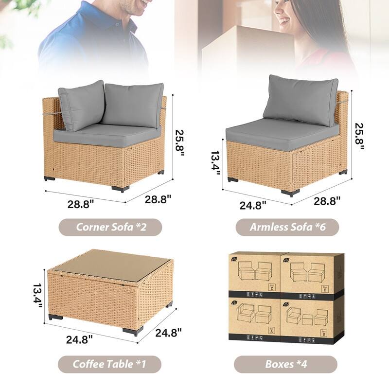 Patio Watcher Patio Conversation Set 9-Piece Yellow Wicker Sectional Seating Group with Cusions