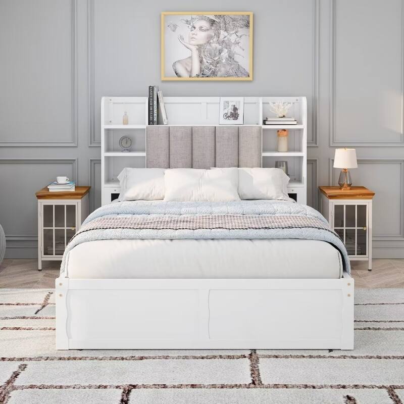 Multifunctional Bed Frame with 4 Storage Drawers and Storage Shelves