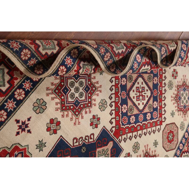 Ivory Geometric Kazak Area Rug Handmade Wool Carpet - 6'8" x 9'6"