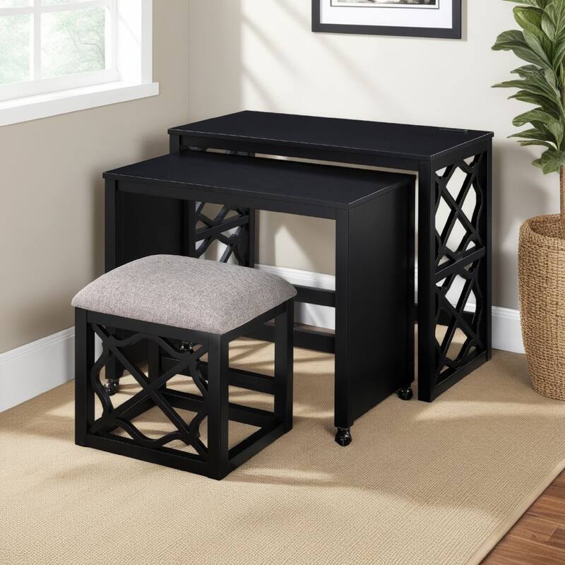 Syna 3 Piece Nesting Desk and Stool Set, Black Wood, Gray Polyester