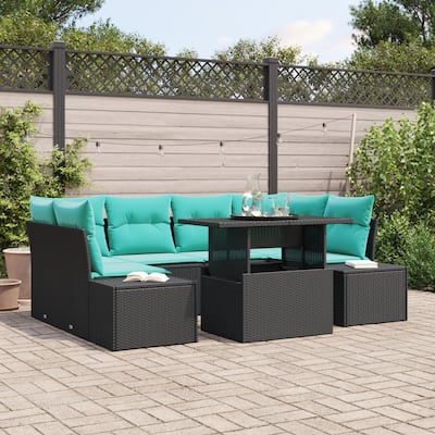 vidaXL 7 Piece Garden Sofa Set with Cushions Black Poly Rattan - 91.7×60.6×27.2