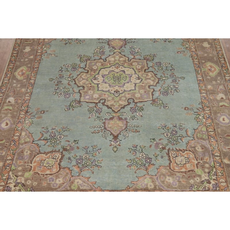 Aqua Blue Tabriz Persian Area Rug Hand-Knotted Wool Carpet - 6'9"x 9'6"