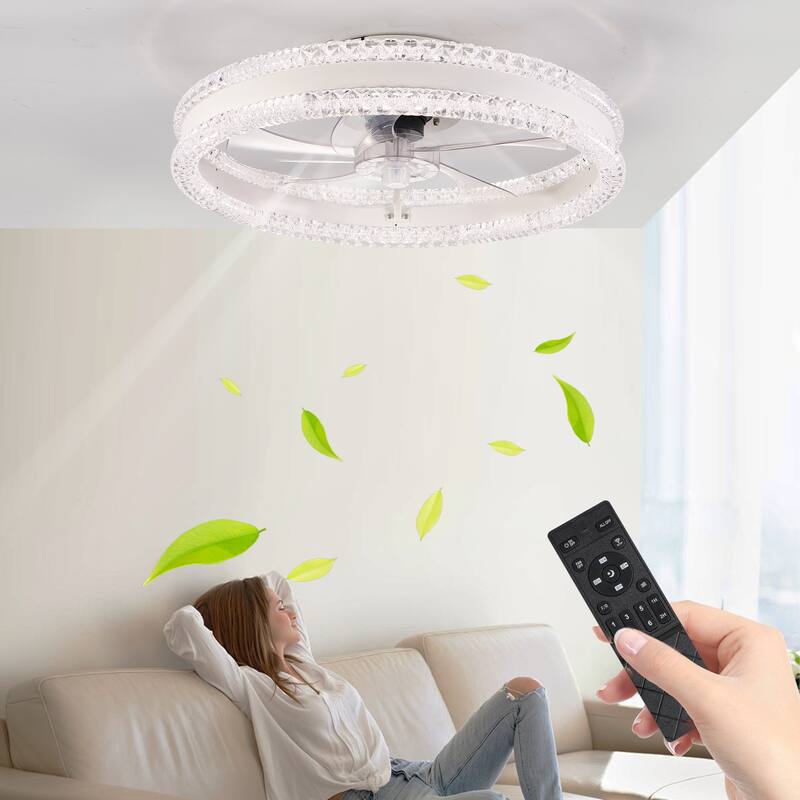 20" Luxury Double Ring LED Ceiling Fan with Light - Modern Flush Mount Design, Hidden Blades, Dimmable Lighting